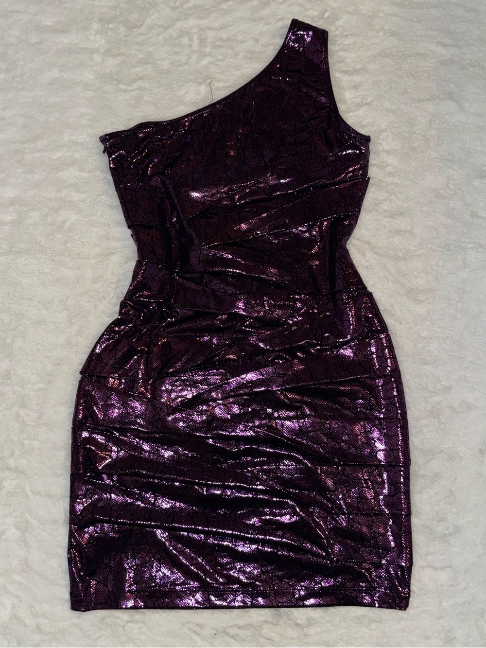 purple metallic reptile ruffle one shoulder dress